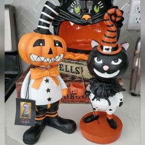 NWT Cynthia Rowley Pumpkin and Cat Bobble Head Figures Halloween Decor, Set of 2